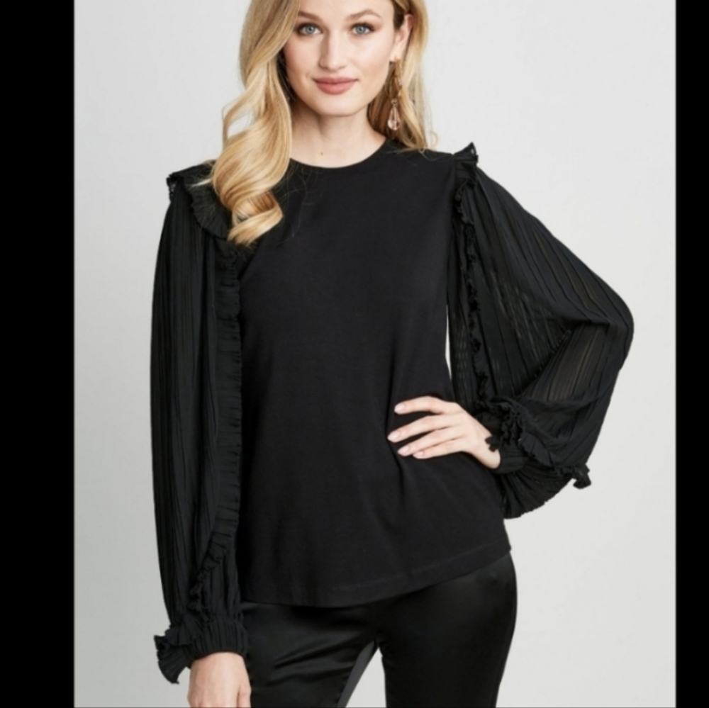Elie Tahari Black Ruffled Top with Sheer Balloon Sleeves - Size L